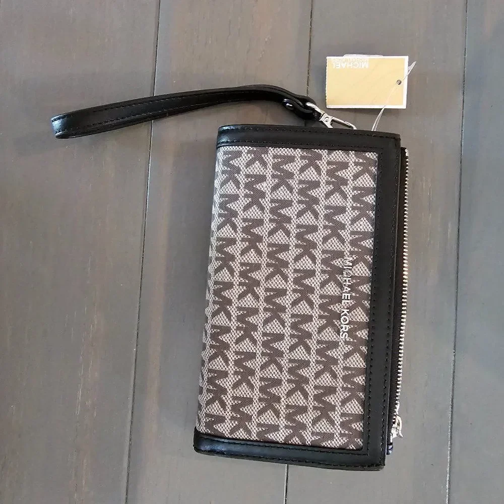 Michael Kors Jet Set Women's Black graphite signature Zip Around Wallet Leather